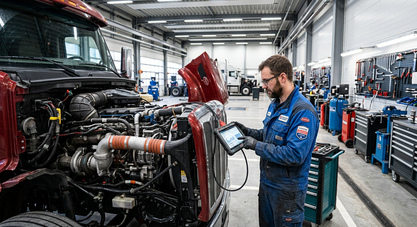 Diesel truck engine repair in Dallas workshop with professional mechanic
