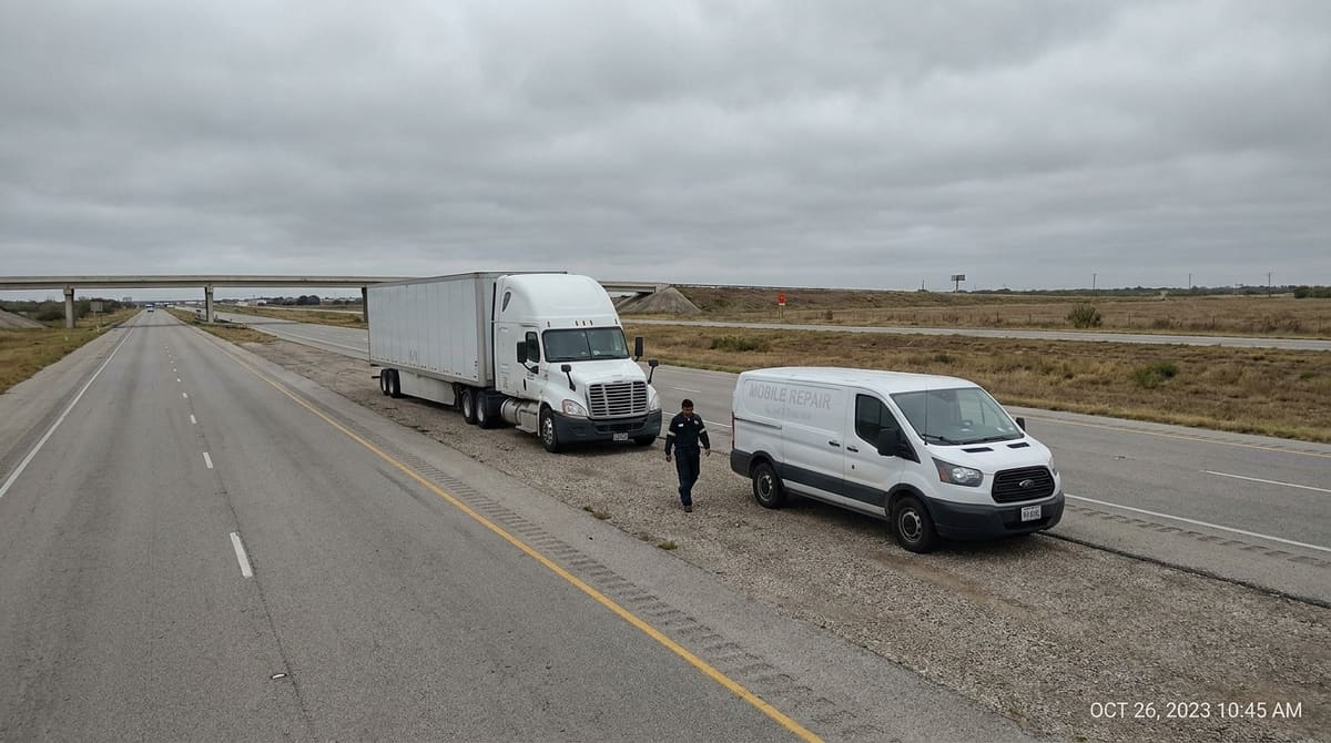 Mobile diesel truck repair service on a Dallas-Fort Worth highway