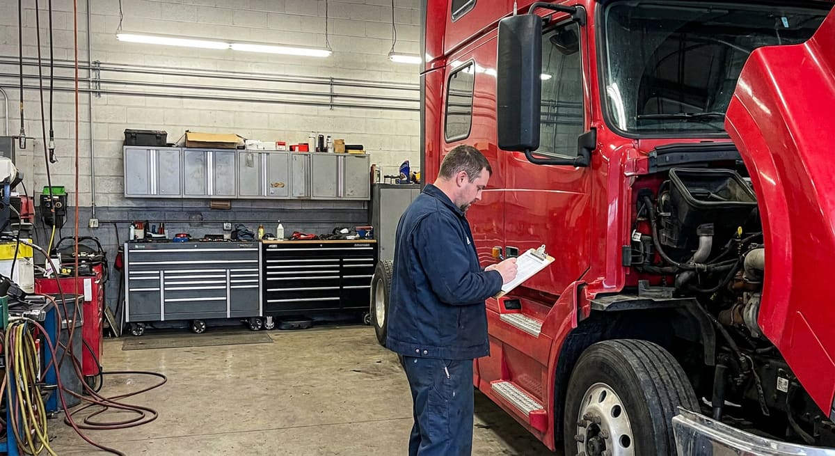 Diesel truck mechanic running diagnostics on a semi truck in Dallas-Fort Worth